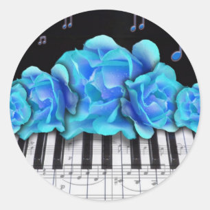 Sticker Rond Notes de musique et clavier de piano Rose bleu
