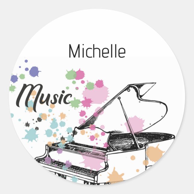 Sticker Rond Notes de musique et touches de piano noir et or (Devant)