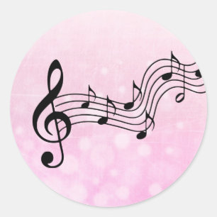 Sticker Rond Notes de musique rose et noire