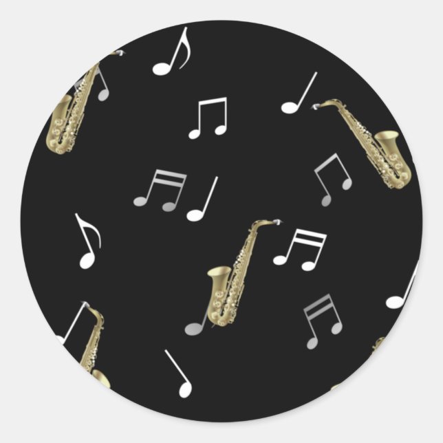 Sticker Rond Notes musicales et saxophones Jazzy (Devant)