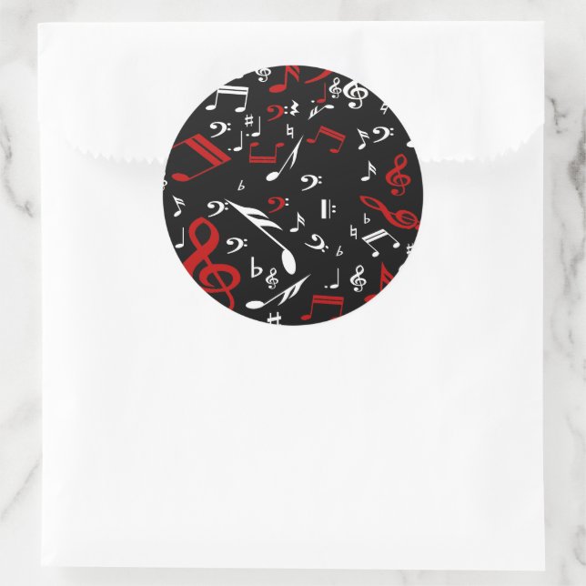 Sticker Rond Notes musicales rouges blanches et noires (Sac)