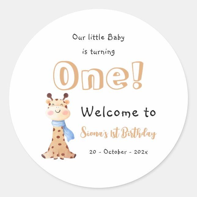 Sticker Rond Notre bébé devient un girafon mignon 1er anniversa (Devant)