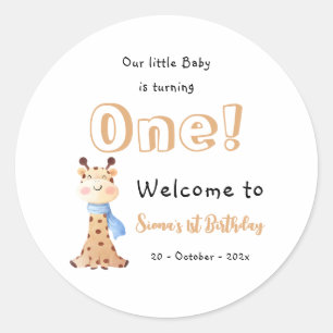 Sticker Rond Notre Bébé tourne une petite girafe 1er anniversai