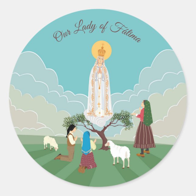 Sticker Rond Notre-Dame de Fatima et les trois bergers (Devant)