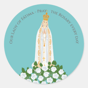 Sticker Rond Notre-Dame de Fatima et roses blanches