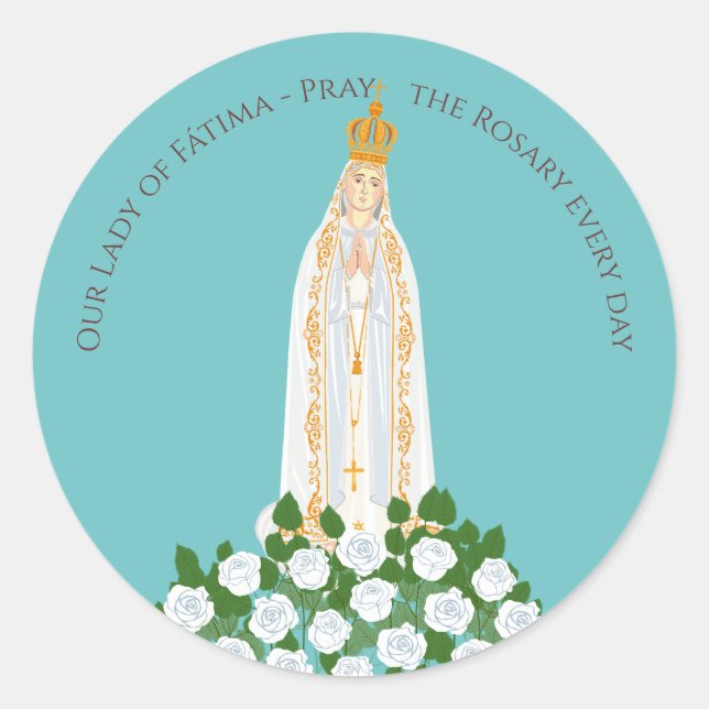 Sticker Rond Notre-Dame de Fatima et roses blanches (Devant)