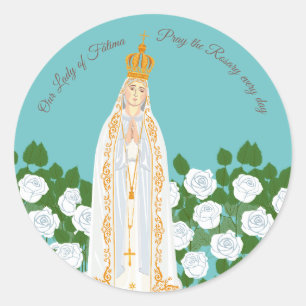 Sticker Rond Notre-Dame de Fatima et roses blanches