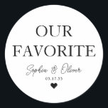 Sticker Rond NOTRE Dessert Café Bar Coeur Mariage Favoriser<br><div class="desc">Un Sticker Mariage classique en Merci noir avec "Our Favorite" dans une police classique moderne et élégante. Vous pouvez facilement le personnaliser avec vos noms et date mariage.</div>