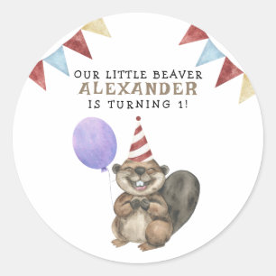 Sticker Rond Notre Little Beaver 1ère fête d'anniversaire