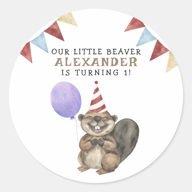 Sticker Rond Notre Little Beaver 1ère fête d'anniversaire (Devant)