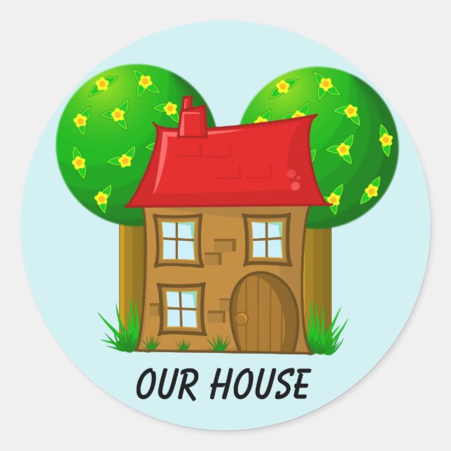 Sticker Rond Notre Maison Maison Cartoon House et Arbres (Devant)