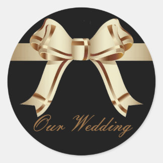 Sticker Rond "Notre Mariage" - Sepia/Gold Bow et Ribbon[a]