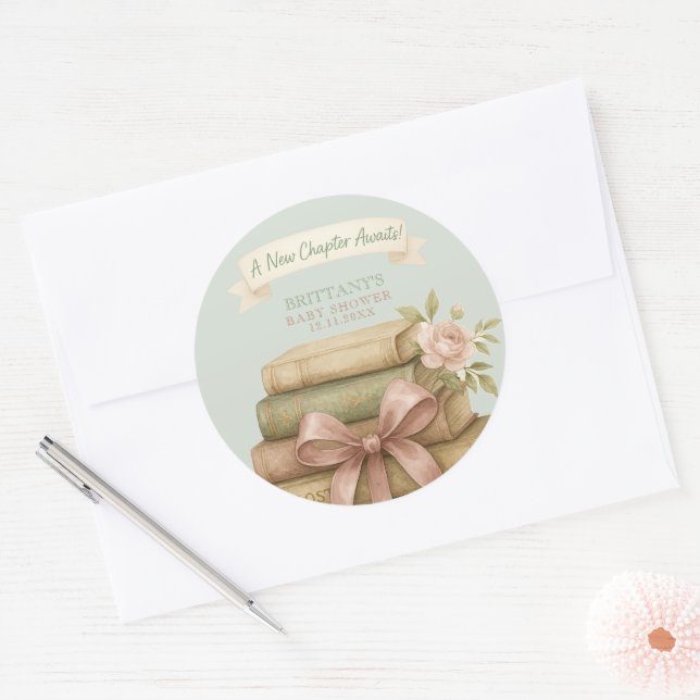 Sticker Rond Notre Nouveau Chapitre Attend Le Baby shower Rose  (Enveloppe)