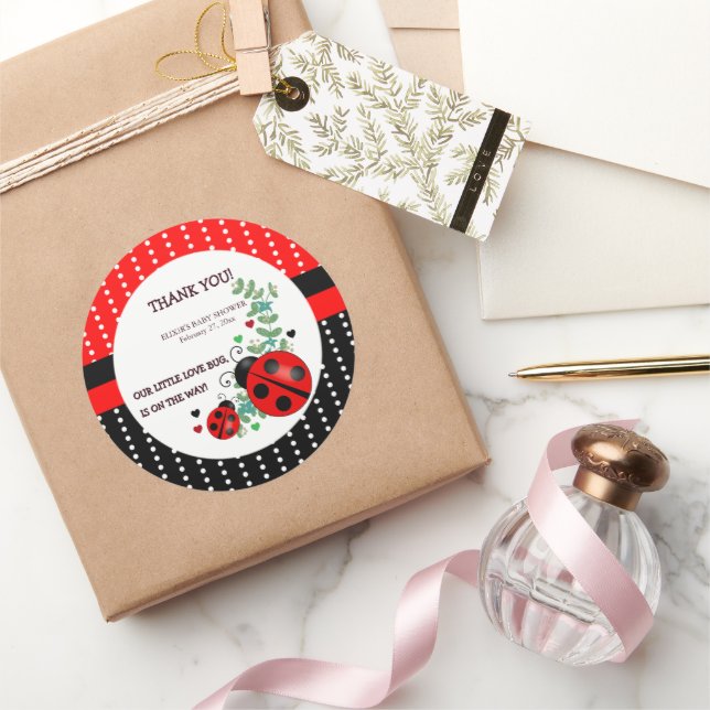 Sticker Rond Notre petit amour Bug rouge Baby shower noir (Cadeaux)