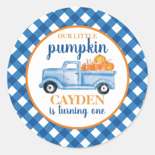 Sticker Rond Notre petit camion bleu Citrouille plaid 1er anniv