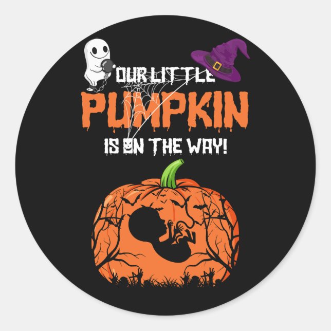 Sticker Rond Notre petit Citrouille est en route Halloween Preg (Devant)