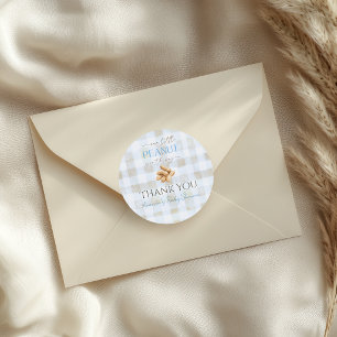 Sticker Rond Notre petit garçon cacahuète Baby Shower en vichy 