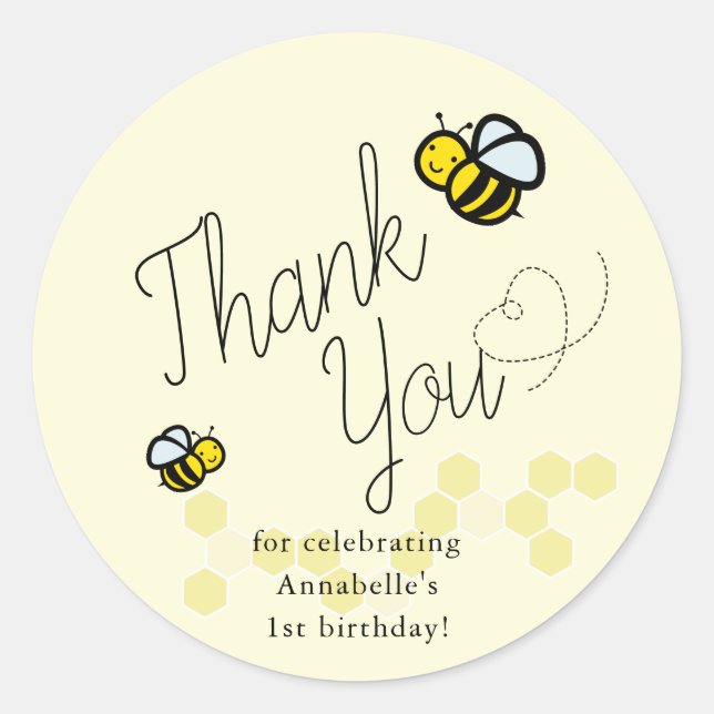 Sticker Rond Notre petit singe abeille jaune Merci d'anniversai (Devant)