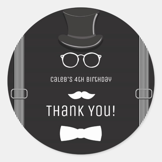 Sticker Rond Notre petite fête d'anniversaire Man Hipster Suspe (Devant)