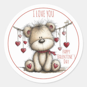 Sticker Rond Nounours avec écharpe en forme de cœur et cœurs pe