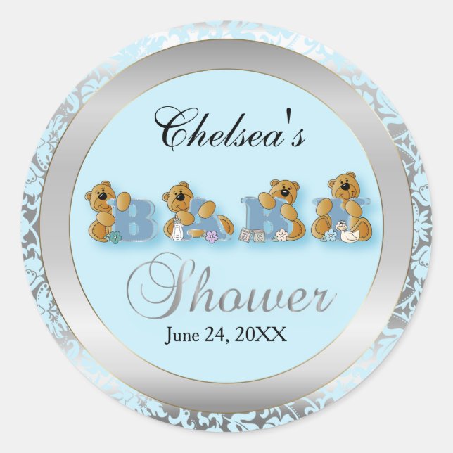 Sticker Rond Nounours Blue & Silver Damask | BABY SHOWER (Devant)