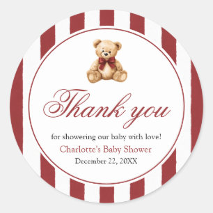 Sticker Rond Nounours en peluche à ruban rouge pour Baby Shower
