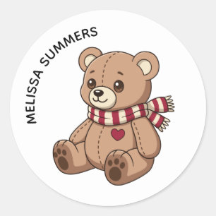 Sticker Rond Nounours en peluche avec écharpe rayée nom personn