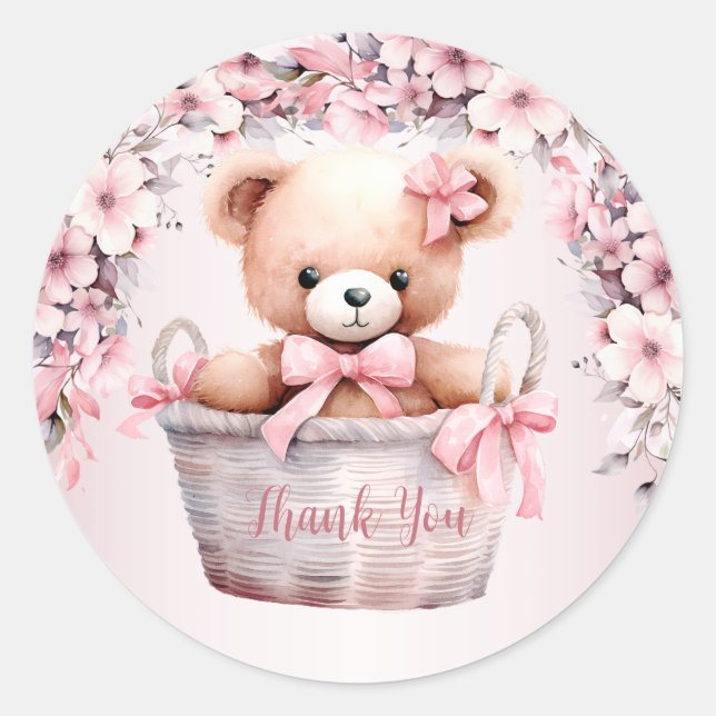 Sticker Rond Nounours en peluche Fille Fleurs roses Fête Élégan (Devant)