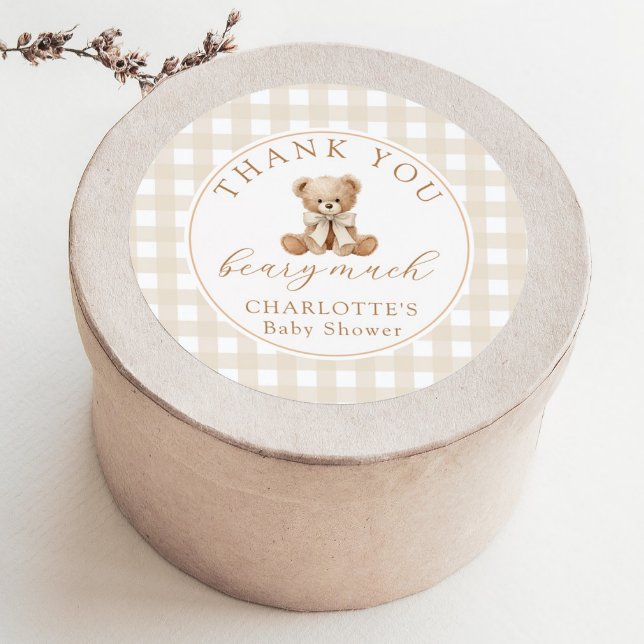 Sticker Rond Nounours Merci beaucoup Neutral Gingham (Créateur téléchargé)