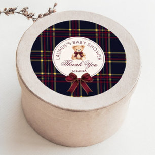 Sticker Rond Nounours Noël Arc Tartan Merci