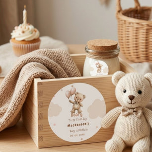 Sticker Rond Nounours Premier Garçon Ballon Ourson 1er Annivers