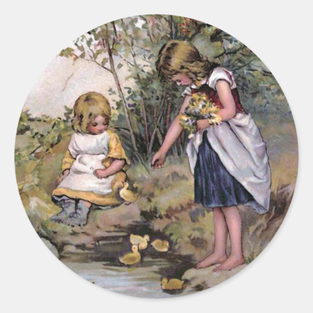 Sticker Rond "Nourrir les canards" Vintage (Devant)