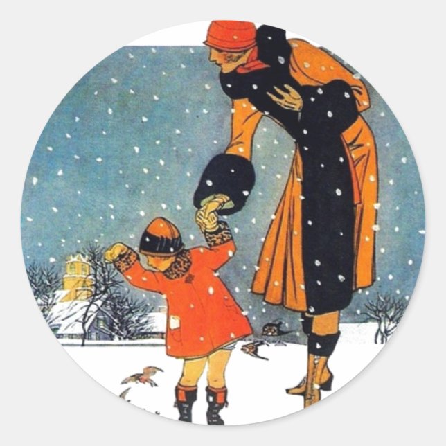 Sticker Rond Nourrir les oiseaux dans la neige (Devant)