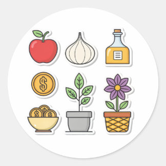 Sticker Rond Nourriture, Plantes et richesse - Pack d'icônes ve