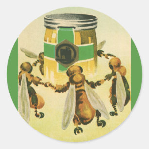 Sticker Rond Nourriture Vintage, Abeilles Biologiques Dansant d