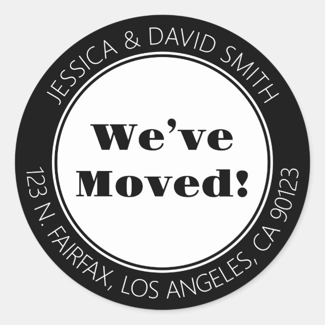 Sticker Rond Nous avons déménagé ! | Adresse de retour Noir & B (Devant)