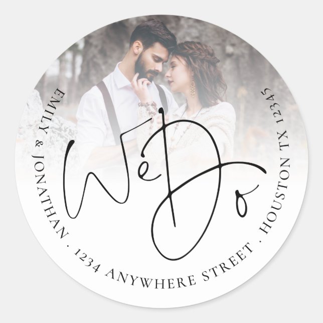 Sticker Rond Nous faisons Mariage d'adresse de retour de photos (Devant)