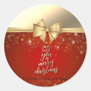 Sticker Rond Nous Vous Souhaitons Un Joyeux Noël, Faux Gold Bow