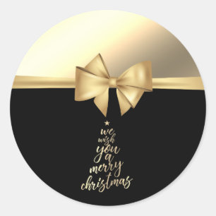 Sticker Rond Nous Vous Souhaitons Un Joyeux Noël, Faux Gold Bow