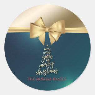 Sticker Rond Nous Vous Souhaitons Un Joyeux Noël Gold Bow Green