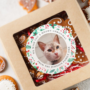 Sticker Rond Nous vous souhaitons une Meowy Christmas Cat Photo