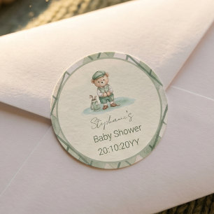 Sticker Rond Nouveau au Club  Baby Shower Ours de Golf Vert 