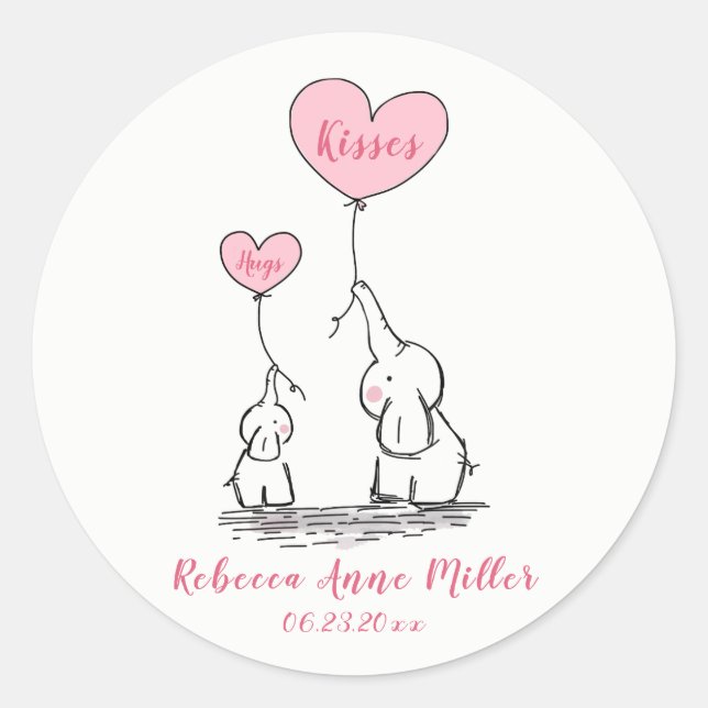 Sticker Rond Nouveau Bébé Fille Embrasse Et Bisous Eléphants (Devant)