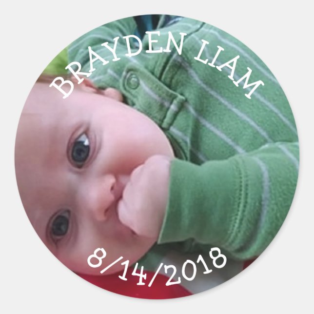 Sticker Rond Nouveau bébé photo, nom Date de naissance Garçon F (Devant)