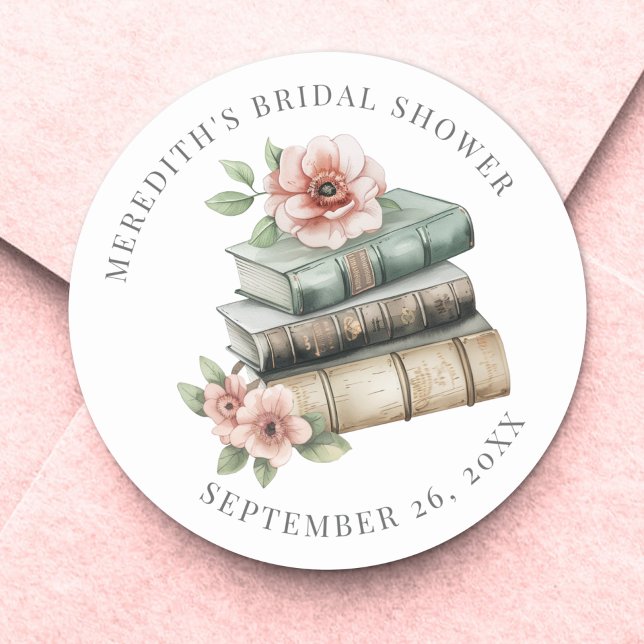 Sticker Rond Nouveau Chapitre Floral Livre Baby Shower de Marié (New Chapter Floral Book Bridal Shower Classic Round Sticker)