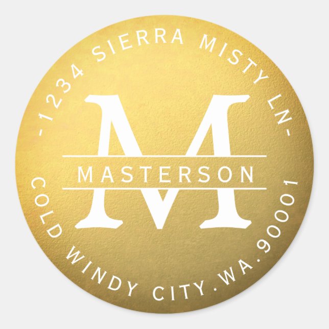 Sticker Rond Nouveau Monogramme Gold Circulaire Adresse de reto (Devant)