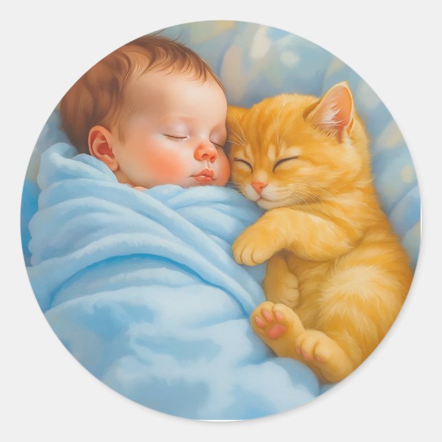 Sticker Rond Nouveau-né bébé garçon Napping avec Kitten (Devant)