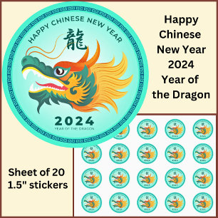 Sticker Rond Nouvel An chinois 2024 Dragon Aqua Gold Small 1,5 