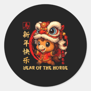 Sticker Rond Nouvel An chinois 2026 Année du Cheval Drôle Heure