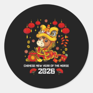 Sticker Rond Nouvel An Chinois du Cheval 2026 Danse de Lion Mig